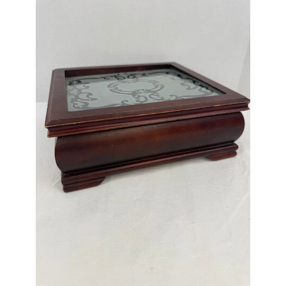 Vintage‎ Wooden Jewelry Box Etched Glass Lid 9 Compartments Cherry Finish